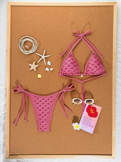 Swim Mod 2026 Spring/Summer Women's Dark Green Drawstring Halter Leopard Print Random Floral Beach Shell Decor Side Tie High Cut Thong Bikini Set Set