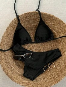 Vaytide Bộ bikini 2 mảnh dành cho nữ, màu đen, họa tiết chấm bi trắng ngẫu nhiên, kiểu dáng ngọt ngào, dễ thương, cổ yếm, cạp cao, thích hợp cho mùa Xuân/Hè 2026. - màu đen - Xem 3