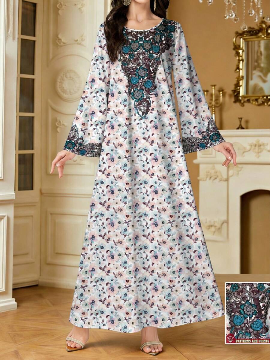 SHEIN Najma 碎花V领长袖连衣裙，女士优雅碎花长裙，阿拉伯风格服装，春夏款 - 彩色 - 查看 1