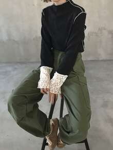 FRIFUL Women's Mock Neck Long Sleeve Fitted Cuff Color Block Splice Wavy Hem Decor Regular Pullover T-Shirt - Black - View 7