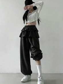 FRIFUL Women's Elastic Waist Layered Ruffle Hem 2 In 1 Sweatpants - Black - View 4