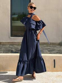 Summer Holiday Ruffled Asymmetric Neck Party/Wedding Guest Tie-Waist Textured Mid-Length Dress For Women Sundress - Navy Blue - View 4
