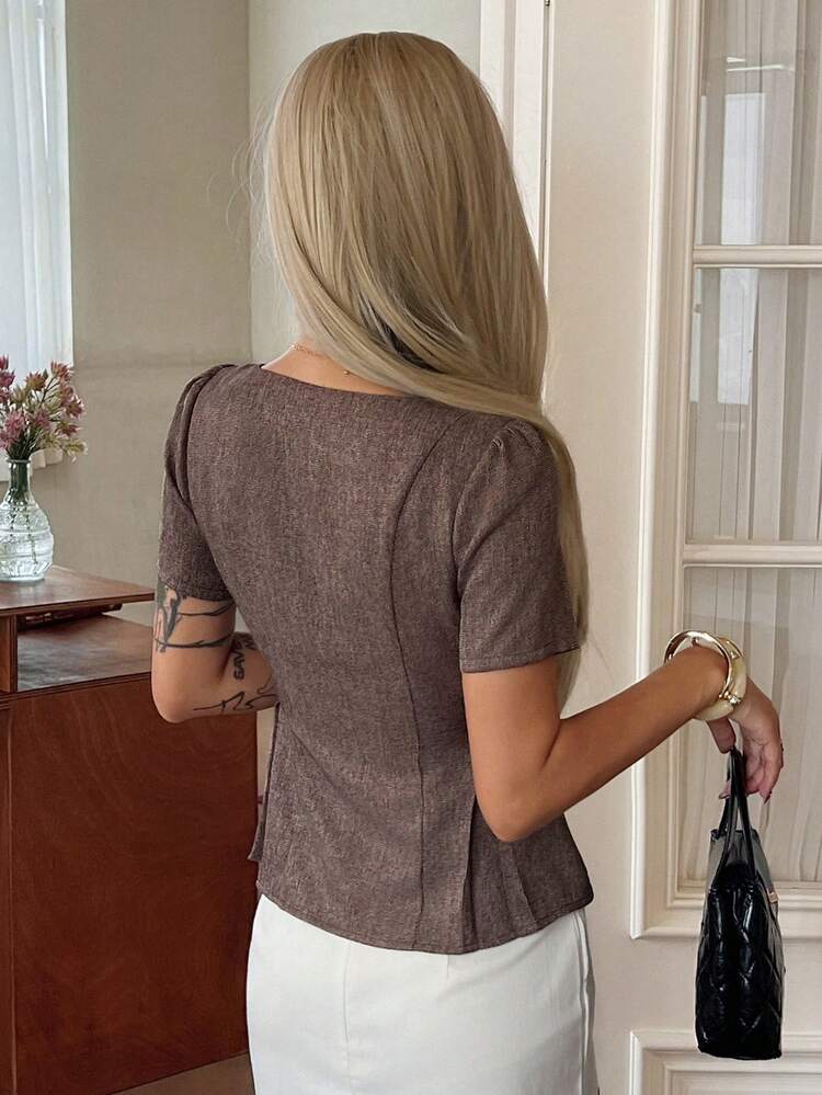 Brown Round Neck Short Sleeve Fitted Women's Regular Jacket, Spring & Summer