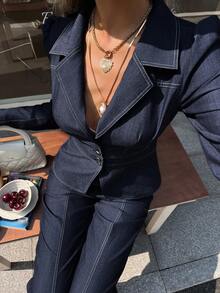 DAZY 女士春季休闲翻领花瓣袖露脐上衣和宽松长裤两件套 - 藏蓝色 - 查看 6