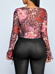 SOLERSUN Women's Elegant Sexy Rose Leopard Print Mesh Fabric Drape Neck Ruched Mesh Long Sleeve T-Shirt,Perfect For Valentine's Day Dating - Red - View 5