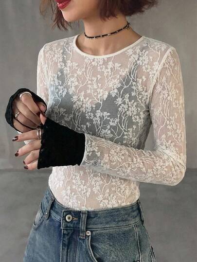 FRIFUL Women's Contrast Color Round Neck Long Sleeve Sheer Lace Overlay Casual Versatile Top, Autumn/Winter