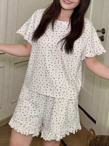Dazy Plus 2pcs Ditsy Floral Elegant Ruffle Trim Shorts Pajama Set, Plus Size Women Spring/Summer Sleepwear - White - View 4
