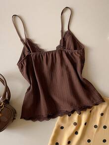 SHEIN Unity New Spring/Summer V-Neck Lace Patchwork Adjustable Spaghetti Strap Camisole Top With Front Button Decor, Coffee Brown, Vintage Chic For Work - Coffee Brown - View 6