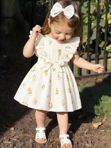 LMoss Kids Baby Girl Summer Vacation Cute Floral Pattern Ruffle Trim Sleeveless Top And Elastic Waist Pants Set - Beige - View 6