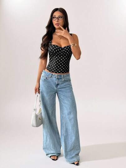 SHEIN PETITE Women's Date Night Girlfriend Party Birthday Party Nightclub Holiday Party Elegant Black Polka Dot Top, Girlfriends Party, Date, Daily Street Commuting Corset, Cute Corset, Sexy Tops Club, Corset Tops Polkadot Top