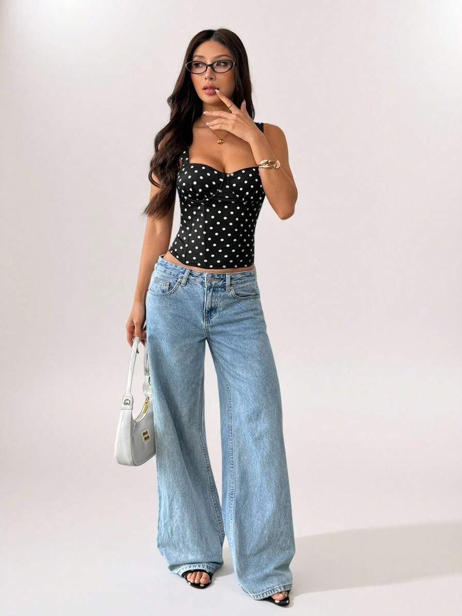 SHEIN PETITE 女士约会之夜女友聚会生日派对夜店假日派对优雅黑色波点上衣，女友聚会，约会，日常通勤束身衣，可爱束身衣，性感上衣俱乐部，束身衣上装