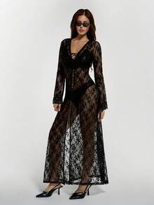 SHEIN ICON 夏季女士嬉皮黑色哥特波西米亚风外出派对科切拉音乐节俱乐部薄纱沙滩罩衫纯色蕾丝薄纱喇叭袖连衣裙 - 黑色 - 查看 5