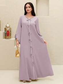 Yasmyna Đầm dài truyền thống Ả Rập dáng rộng, tay chuông, trang trí nơ dành cho nữ. - Bụi tím - Xem 10