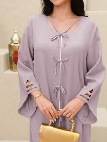 Yasmyna Đầm dài truyền thống Ả Rập dáng rộng, tay chuông, trang trí nơ dành cho nữ. - Bụi tím - Xem 3