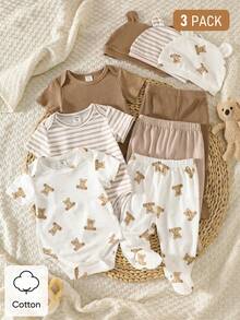 SHEIN 3pcs/Set Newborn Unisex White Cute Bear & Ribbed Pattern Cotton Outfit Short Sleeve Bodysuit Pants Hat Soft Autumn Family Matching Neutral Clothes - Multicolor - View 4