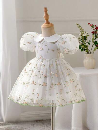 SHEIN Glamorique Kids Embroidered Tulle Puff Sleeve A-Line Baby/Toddler Girl Party Dress