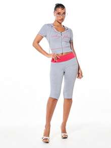 BABYPHAT 灰色七分紧身裤，配亮粉色翻折腰带，中腰七分运动休闲裤 - 灰色 - 查看 4