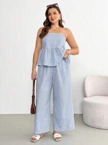 Shapeblank Conjunto de duas peças feminino plus size, moderno, casual, folgado, confortável, modelador e que afina a silhueta, composto por top estilo babydoll listrado azul e calça pantalona. Ideal para primavera/verão, férias e para combinar com sua mãe e filha. - Azul - Ver 6