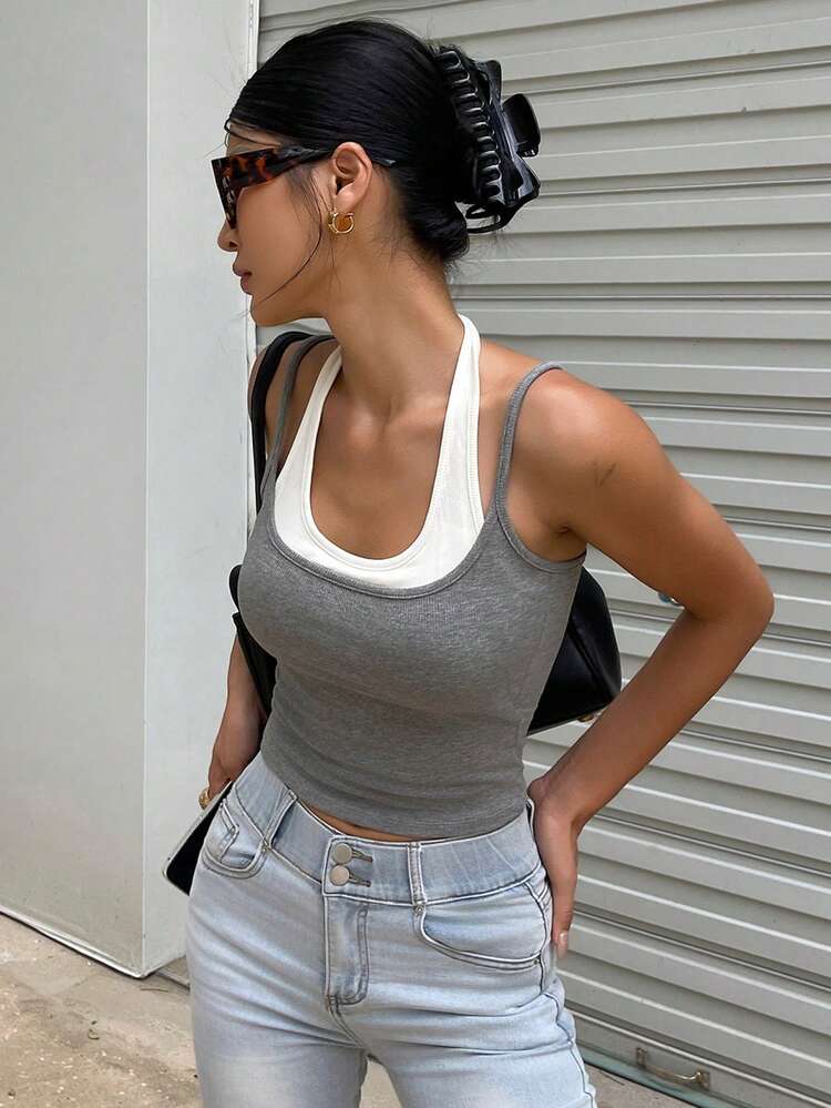 Women's Contrast Color 2 In 1 Casual Pullover Top, Versatile For Daily Wear Summer