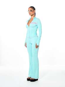 SUMWON WOMEN 女士浅绿色拉链前开襟印花Logo运动外套，粉色文字细节，长袖修身款，春夏休闲街头风。 - 綠色 - 查看 5