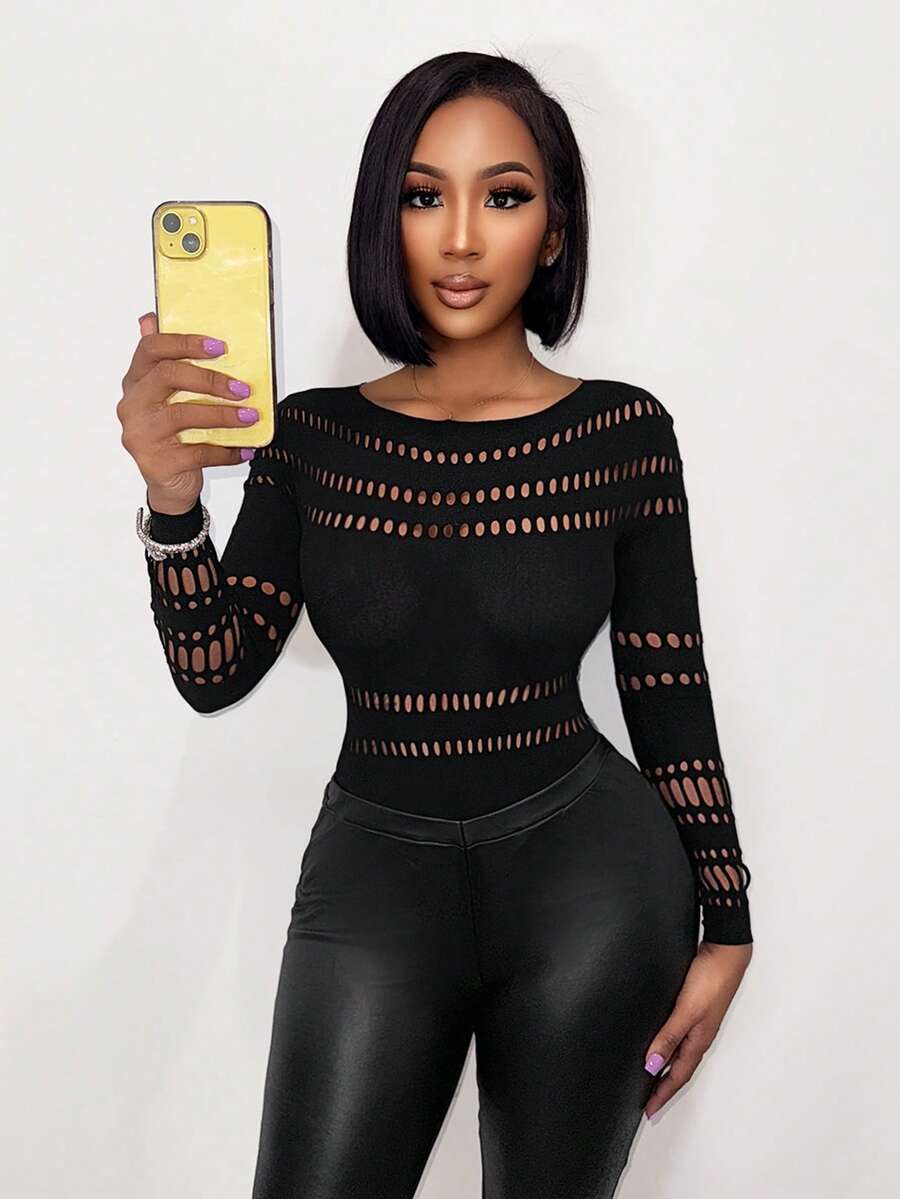 SHEIN BamGlam Women's Sexy Hollow-Out Mesh Sheer Bodysuit - Black - View 1
