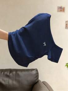 Rina Fox 女士夏季新款性感不对称露肩蝴蝶结刺绣褶皱修身露肩T恤 - 藏蓝色 - 查看 4