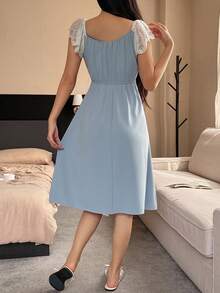 DAZY Lace Patchwork Waist Maxi Nightgown, Women's Spring Loungewear Dress - Baby Blue - View 2