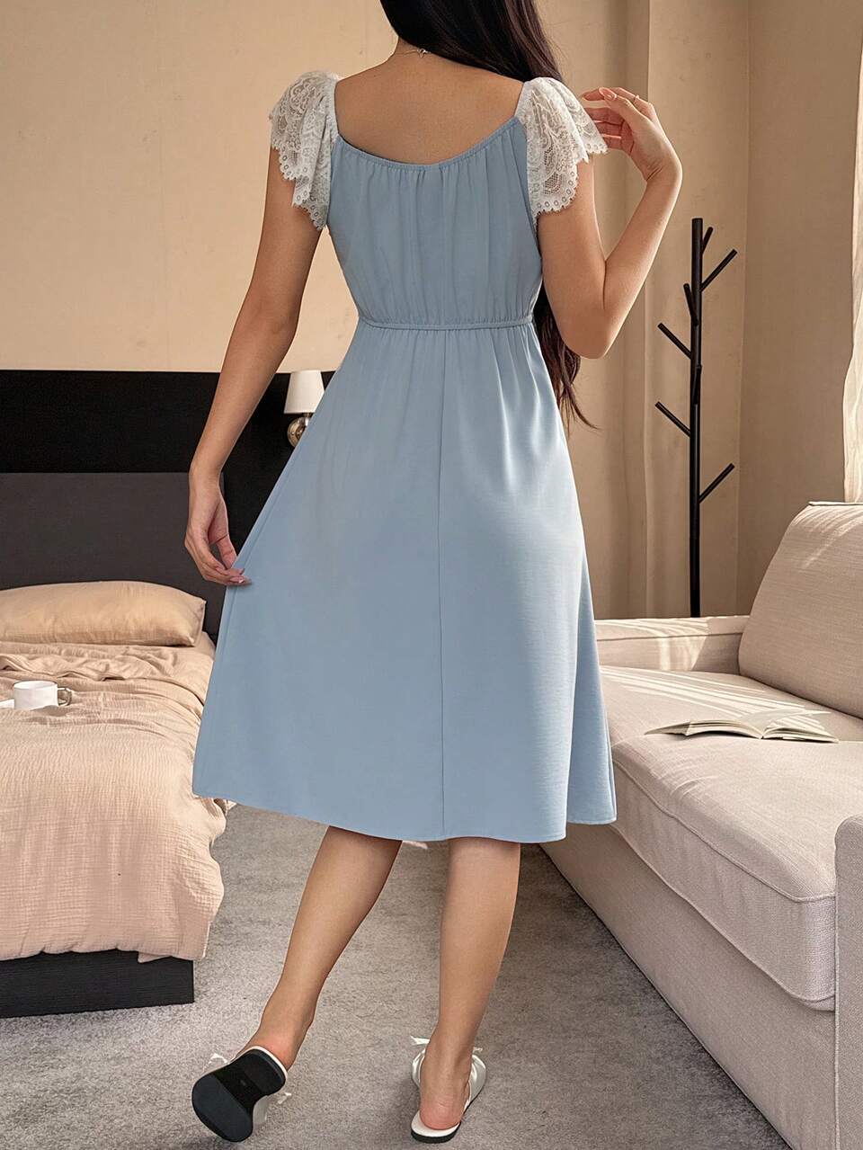 Lace Patchwork Waist Maxi Nightgown, Women's Spring Loungewear Dress Pajamas