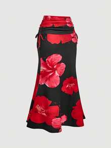 SHEIN MOD Chân váy nữ thanh lịch kiểu bohemian in hoa, thắt eo bằng dây rút, xếp ly, dáng đuôi cá. - màu đen - Xem 7