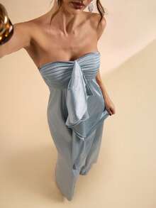 SHEIN BAE 蓝色纯色褶皱抹胸系带缎面连衣裙，优雅夏季度假海滩婚礼宾客装扮，早午餐连衣裙 - 藍色 - 查看 7