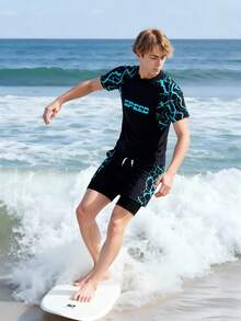 2pcs/Set Teenage Boys' Lightning Print Elastic Quick-Dry Comfortable Knit Fabric Short Sleeve Top + Woven Fabric Beach Shorts, Suitable For Teenagers (Boys) Swimwear, Beach, Pool, Seaside, Surfing, Vacation, Summer, Travel Junior Surf Swimwear Boys Swim Trunk Rash Guard Teen Boy Beach Wear Short Sleeve Swimsuit With Shorts Boys Athletic Set Boy Swim Sets Boys Rash Guard Set Boys Graphic 2 Piece Shorts Set Lightning Print Swimwear Boy Short Set - Black - View 4