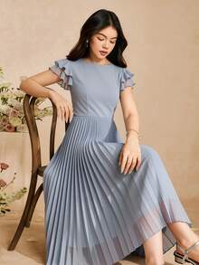 SHEIN 少女优雅简约时尚V领荷叶边无袖高腰中长纯色雪纺面料灰蓝色连衣裙，夏季少女毕业/婚礼礼服浅灰蓝色连衣裙荷叶边袖连衣裙褶皱长裙灰蓝色连衣裙女士中长连衣裙夏季连衣裙褶皱连衣裙女士春季连衣裙优雅女装 - 霧霾藍 - 查看 3