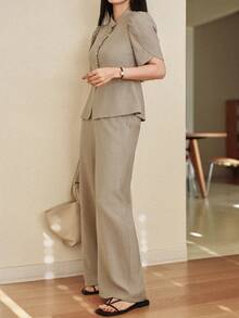 Dazy-Less Women's Solid Color Stand Collar Single-Breasted Short Sleeve Top And Wide Leg Pants Casual Commute Travel Suit Set Business Casual Woman - Khaki - View 5