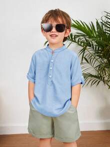 SHEIN Áo sơ mi tay ngắn cổ đứng trơn dáng rộng thoải mái LMoss Kids dành cho bé trai (1 chiếc) - Màu xanh nhạt - Xem 8