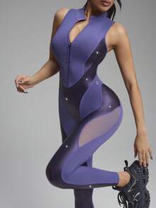 Innovista 女士立领拉链修身休闲运动连体裤 - 紫色 - 查看 2