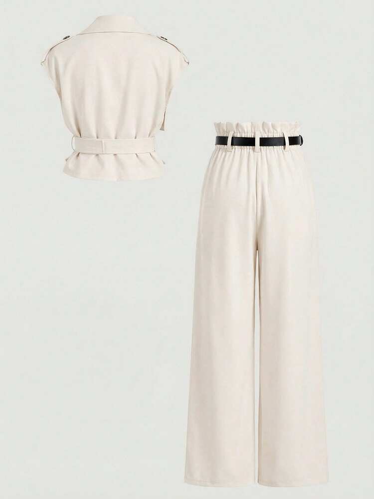 SHEIN MOD 女士纯色双排扣马甲和褶裥阔腿裤套装 - 杏色 - 查看 2