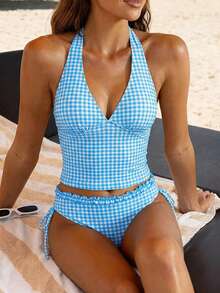 Swim Vcay Women's Tankini 2-Piece Swimwear Set, Plaid Print With Ruffle Trim, Halter Neck Tie Top And Drawstring Bottoms, Summer Beach Swimwear - Blue - View 1