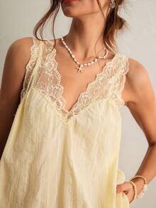 Freevana Women's Pale Yellow Summer Elegant Tea Party Boho Deep V-Neck Lace Trim Cotton Textured Loose Cami Top Sleeveless Babydoll Vintage Blouse - Pale Yellow - View 14