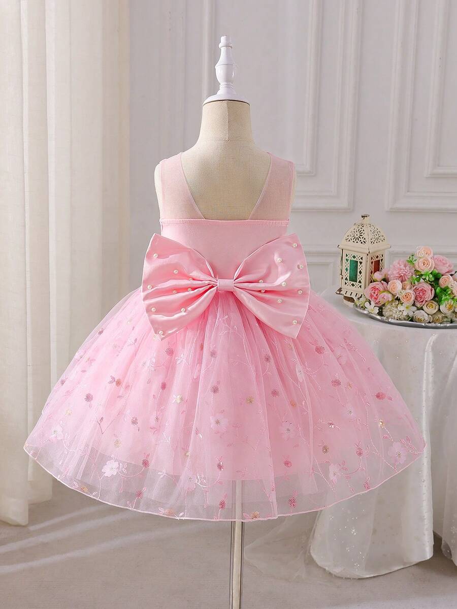 SHEIN Glamorique Kids Toddler Girls' Princess Dress, Pink Embroidered Dress, Sequins, 3D Flowers, Birthday Party, Wedding Holiday Dress, Flower Girl, Sleeveless, Back Bow Tie, Pearl - Pink - View 1