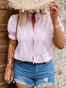 EMERY ROSE Camisa casual de vacaciones con estampado floral y mangas abullonadas para tallas grandes - Rosa - Ver 3