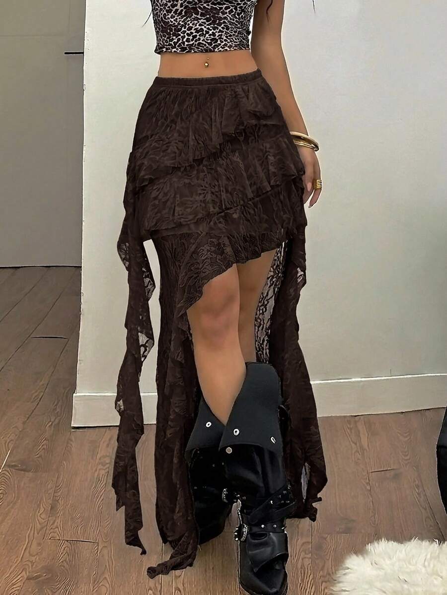 Coolane 女士夏季音乐会街头风度假波西米亚Y2K乡村音乐会辣妹蕾丝不对称荷叶边流苏白色低腰长裙 - 咖啡棕 - 查看 1