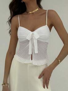 Aloruh Camiseta de tirantes finos con cuello en V y lazo romántica para una cita de boda para mujeres - Blanco - Ver 5