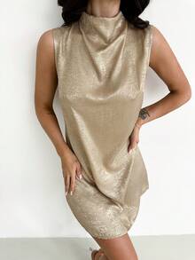 Firerie Women's Elegant Minimalist Fashion Commuter Urban Chic Music Festival Party Wedding Guest Holiday Birthday Party High Neck Draped Sleeveless Cinched Waist A-Line Gold Mini Dress, Suitable For Spring/Summer - Gold - View 6