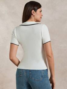 Briarwyn Women's Minimalist Contrast Trim Collared Short Sleeve Knit Top, Summer - White - View 2