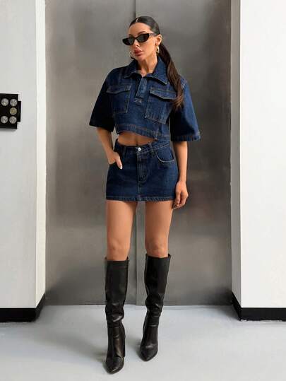 EURMUSE Crop Shirt And Mini Skirt Two Pieces Denim Set Denim Skirt Set 2 Piece Denim Sets Woman Jean Outfit Set