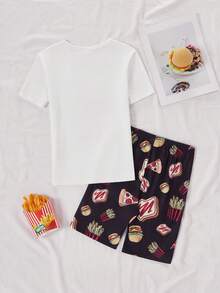 2pcs/Set Teenage Boys' Funny Food Pizza & Burger Print Snug Fit Loungewear Set, Ribbed Comfortable Fabric - Multicolor - View 2