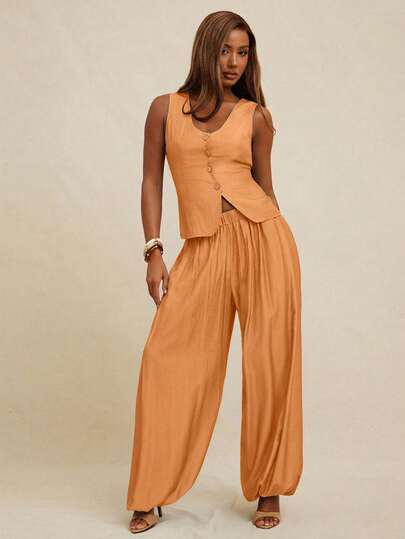 NYA SZN Women Set (Top & Pant ) Top Vest Plunge Neck Button Up Fitted Pant High Rise Flowy Pleated Office Business Casual Everyday Casual Brunch Modest Church Fall Summer Fall Suitable For Commuting Outfits For Women