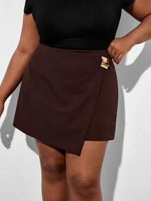 Chikora Plus Size Women Solid Color Metal Decor Asymmetric Hem Fashionable Skirt Brown Skirt Plus Size Skorts For Women Curve Plus Size Brown Skirt - Brown - View 4