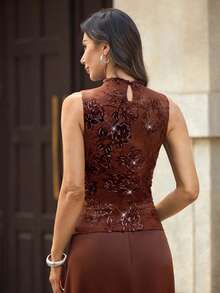 Editum Women's Sleeveless Green Velvet Ruched Stand Collar Elegant Fitted Stretchy Knit Tank Top, Suitable For Daily Wear And Commuting, Spring/Summer Turtleneck Tank Top, Knit With Stretch, Reddish-Brown, Velvet, Sequin Top, Elegant Everyday Wear, Spring And Summer Women's Fashion - Brown - View 2