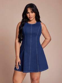 SHEIN CURVE+ Plus Size Navy Blue Summer Sleeveless Denim Dress,Women's Curve Friendly Smart Casual Round Neck Mini Dress For Everyday Wear,Chic Elegant Party Y2k - Blue - View 8